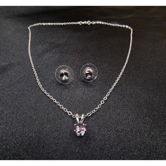 925 Sterling Silver Necklace & Stud Earrings Set With Multi-Color Gemstones - Picture 2 of 5